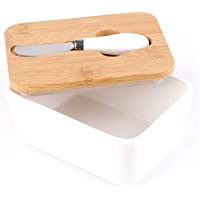 Lawei Mantequillera de porcelana con cuchillo y tapa de madera de bambú – Contenedor grande para mantequilla- mantiene…